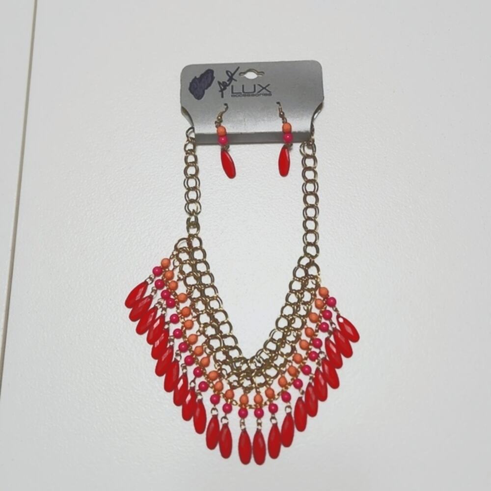 Lux Accessories Earrings & Necklace Set‎ Gold Red Pink & Orange Beads Adjustable